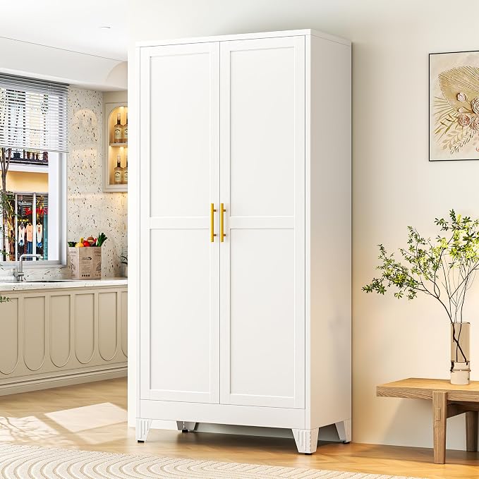 GAIOUS 75.2" Tall Metal Storage Cabinet with 2 Doors & 5 Adjustable Shelves | New upgrade Kitchen Pantry Cabinet, White Freestanding Cupboard, 6 Tier Steel Storage for Office, Kitchen, Dining, Garage