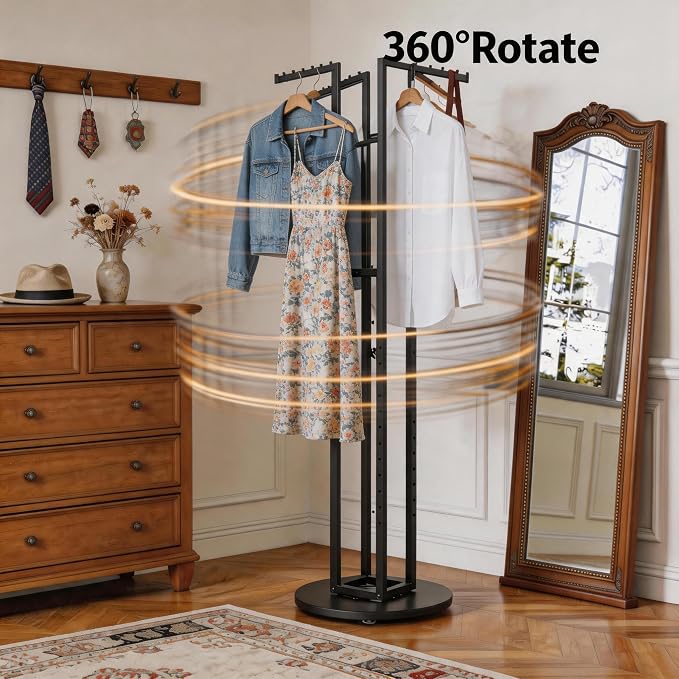 360° Black Rotating Coat Rack, Heavy Duty Metal Garment Rack Height-adjustable, Suitable for Both Adults and Children, Freestanding Clothing Rack for Hanging Clothes, for Bedroom, Retail Store