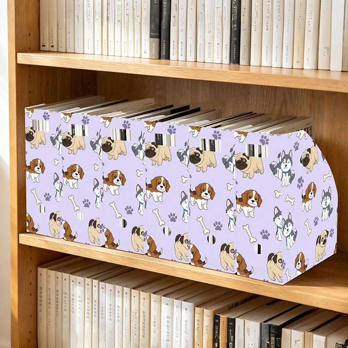 SPRIPORT Cute Pets Dogs Purple Print Water Resistant PP Magazine File Holder Organizer for Desk, Foldable Storage Rack for Office School Library Document Sorter with Labels 23x30x10cm (3 Pack)
