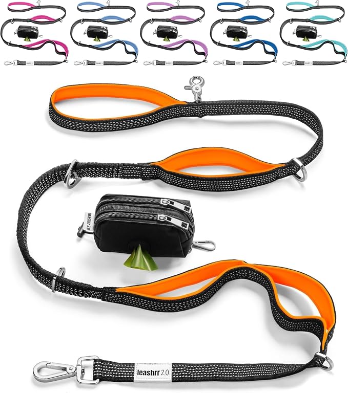 Heavy Duty Dog Leash for Large Dogs – 6FT Reflective Bungee with Padded Handles, Strong Carabiner Clip, No Pull Control for Medium & Large Breeds, Includes Poop Bag Holder & Treat Pouch (Orange)