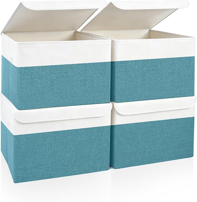 Large 22 Quart Linen Fabric Foldable Storage Bin Cube Organizer Basket with Flip-Top Lid & Handles, Clothes Blanket Box for Home, Office, Closet, Teal & White, 4 Pack 14.6 x 9.5 x 9.5