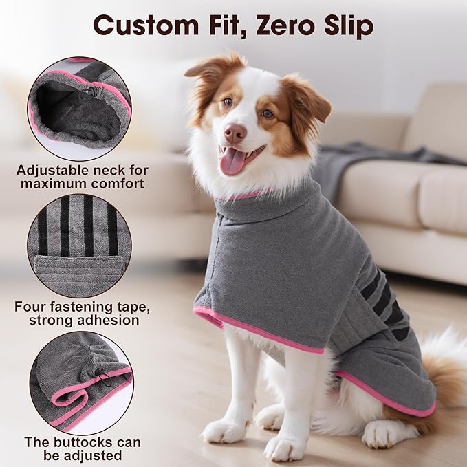 Microfibre Dog Bathrobe Towel Wrap Super Absorbent Dog Drying Coat Bath Robe for Puppy, Medium & Large Dogs, Fast Drying, Adjustable