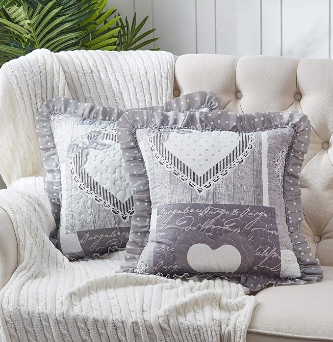 Brilliant Sunshine Grey Heartlove Ruffle Pillowshams Set, 18"x18" | Patchwork Design with Ruffles, Quilted Pillow Covers Set, Washable Throw Cushion Cases for Couchs and Beds, Pack of 2