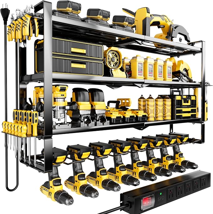 Power Tool Organizer Wall Mount with Charging Station,4 Layer,5 Outlets | 8 Drill Holder,Loads 400LBS,Heavy Duty Metal Extra Tall Tool Shelf,For Tool &Battery Storage,Utility Racks for Garage