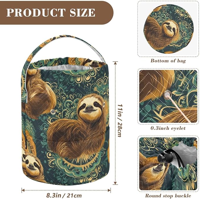 Fustylead Retro Cute Sloths on Green Mandala Background Knitting Yarn Storage Tote Basket, Durable Polyester Large Crochet Drawstring Bag for Crocheting Project, Sewing Supplies, Needles