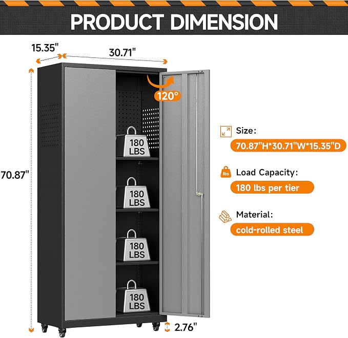 71''H Garage Storage Cabinet, Meatl Storage Cabinet with Lock | Tool Storage Cabinet, Steel Tool Cabinet with 2 Doors and Shelves for Garage, Warehouse, Assembly Required, Gray