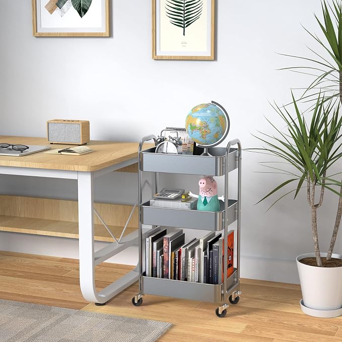 MAX Houser 3-Tier Rolling Utility Cart with Caster Wheels, Silvery-Grey | Easy Assembly, multi-purpose storage trolley for kitchen, rolling cart with smooth caster wheels for bathroom