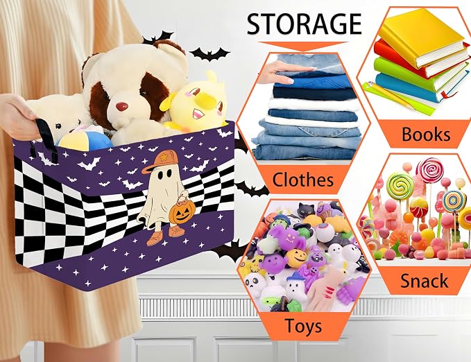 Large Halloween Themed Candy Gift Boo Basket for Kids Baby Personalized Adults Storage Bin Fall Decor(Baseball Hat Grid Spooky)