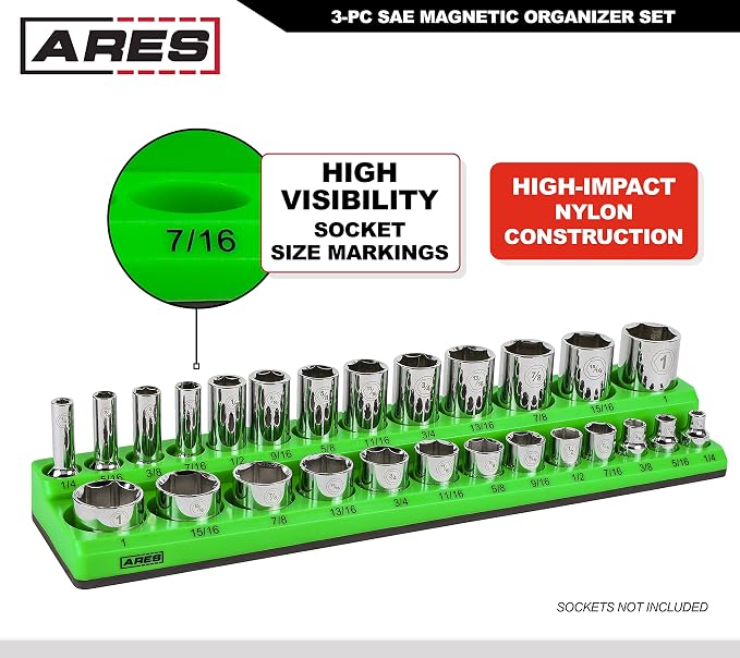 ARES 60037 3-Pc 1/4,3/8,1/2-In Red/Green SAE Magnetic Socket Organizer | Part No. 60037; Includes 1/4 in, 3/8 in, 1/2 in Socket Holders