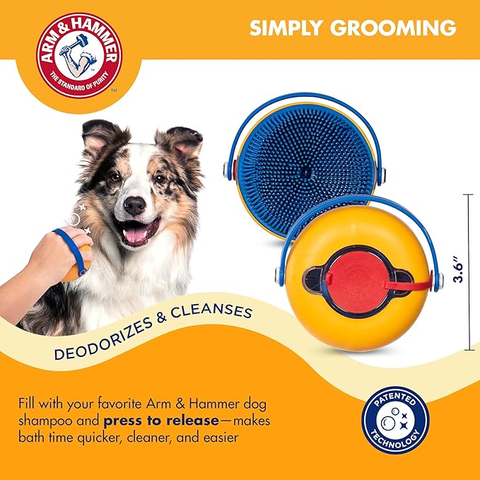 Arm & Hammer Soap Dispensing Dog Bath Brush with Baking Soda, Fill with Any Dog Shampoo, Silicone Scrubbing Nubs for Lathering & Deodorizing, Easy Grip Palm Brush for All Coat Types