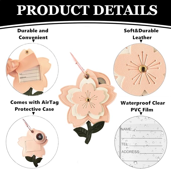 PU Leather Luggage Tag with Airtag Holder Case Set and Name ID Label | Hidden Compartment for AirTag Travel Suitcase Tracking Case with Stainless Steel Loop,Cute Fruit Plant Animals Styles,sakura