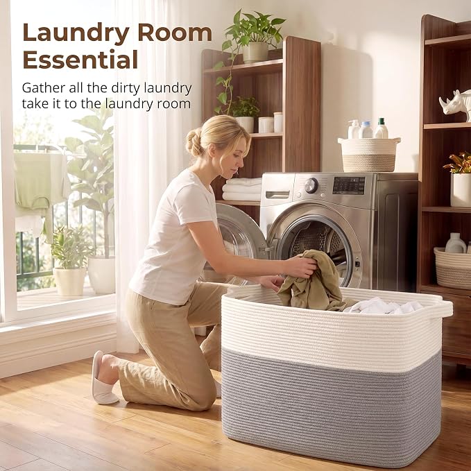 OIASKET 108L Cotton Rope Storage Basket for Living Room and Bedroom 25"x16"x16" Woven Laundry Basket, Heavy Duty Bin for Blankets, Pillows & Toys, Pet-Safe & Scratch-Free, Grey and White