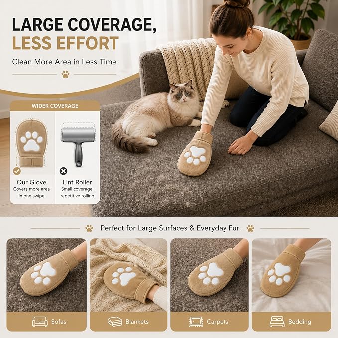 Paw Shape Pet Hair Remover Glove & Fur Storage Bag Set for Cats and Dogs (Beige), Washable Pet Hair Removr, Soft Lint Cleaning Glove for Sofa Carpet Bed Clothes