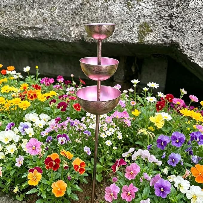 Rain Catcher Bird Bath 3-Tier, Rain Catcher Garden Stake, Antique Bronze Metal Water Bowls Bird Bath and Bee Watering Station with Soil Post for Lawn Edge,Flower Bed, and Open Yard Display