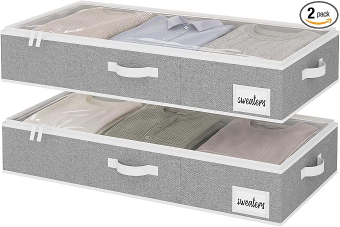 StorageWorks 6 Inch Low Profile Under Bed Storage Containers with Clear Lid | Reinforced Structure, Resists Sagging, Handles & Label Holder, Foldable Stackable Closet Storage for Clothes, Blankets, Toys