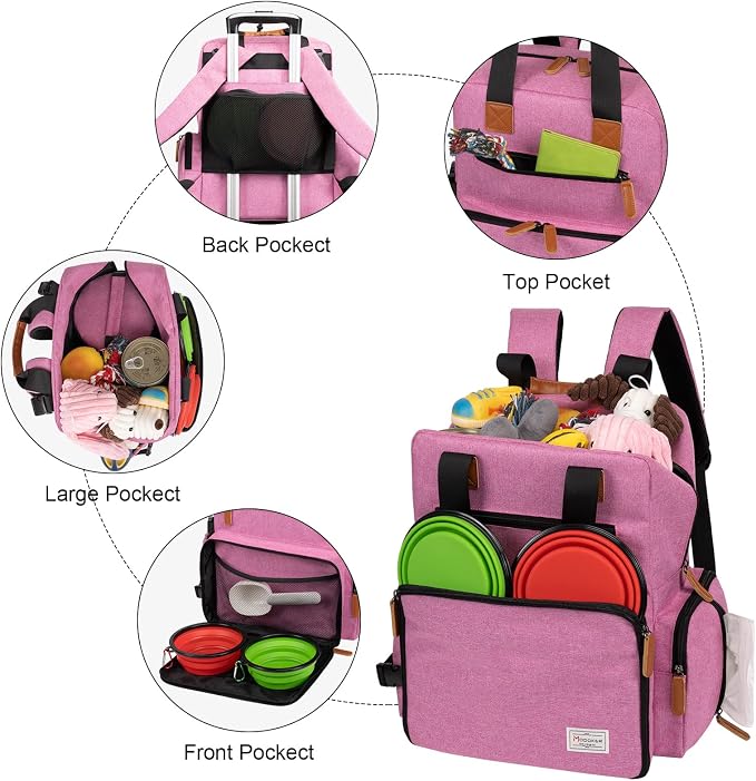 Modoker Dog Travel Backpack Set with 2 Food Bags, 2 Bowls and 1 Mat, Pink | Water-Resistant Oxford Fabric | Roomy Main Compartment | Multiple Functional Pockets | Stroller Strap | Leak-Resistant Lining