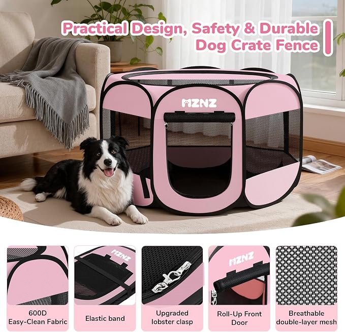 Dog Cat Small Animal Puppy Playpen Crate, Large, Whole Pink | Portable Pop Up Pet Cage Enclosure Tent Kennel Indoor Outdoor with Carrying Case, No Assembly, Camping Use