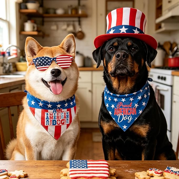 4th of July Dog Bandana, 2-in-1 Vintage American Flag with Fun Slogan Reversible American Flag Triangle Scarf, Adjustable Snap Button Patriotic Neckwear for Small & Medium Breeds (5-30lbs)
