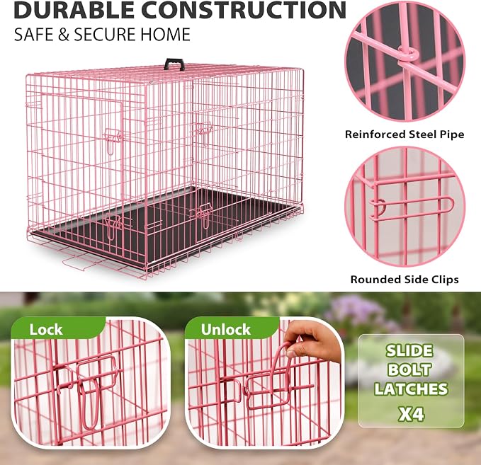 BestPet | Dog Crate | 42" | Pink | Foldable Metal Kennel with Double Doors | Secure Slide-Bolt Latches, Leakproof Tray | Portable Dog Cage for Large Breeds | for Travel, Indoor & Outdoor Use