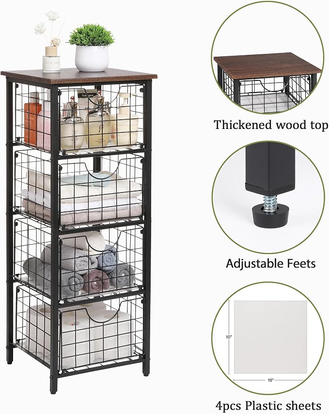 DINGTAI 5-Tier FreeStanding Storage Shelves with 4 Pull-Out Baskets,Bathroom Organizer Shelves Unit with WoodTop,Fruit Basket for Kitchen,Storage Tower Organizer Basket Cart for Bathroom，Black