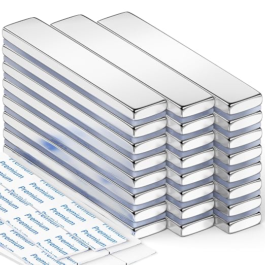 FINDMAG Adhesive Neodymium Bar Magnets, 24 Pack 60x10x3mm, Rare Earth | Magnetic strips with adhesive backing and a flat bar shape; for poster displays, cabinet doors, tools and wall signs