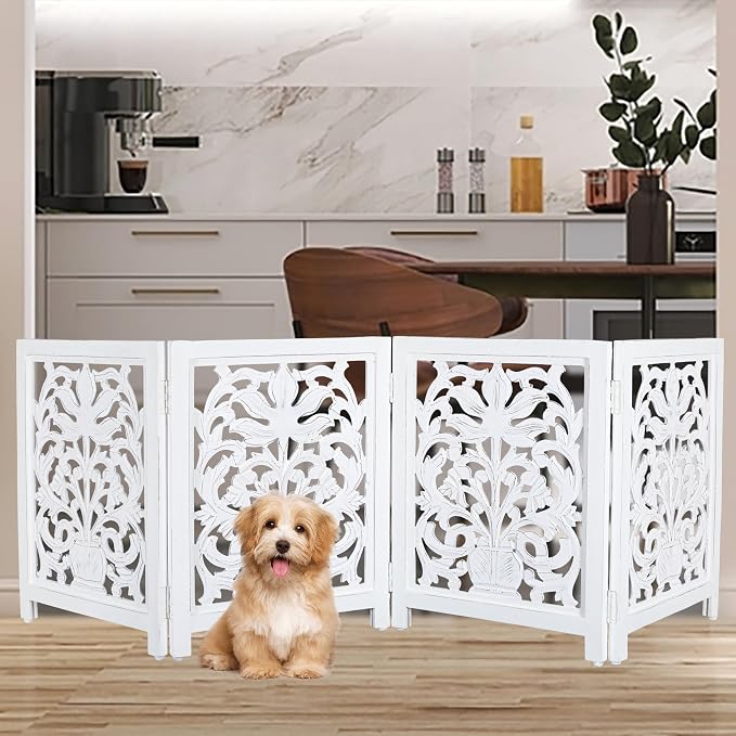 Lightnpro 4-Panel Wooden Dog Gate with Stopper – 72 Inch Extra-Wide Foldable Freestanding Pet Barrier, Antique White Indoor Safety Fence for Small Dogs & Puppies – 24x18 Inch Panels
