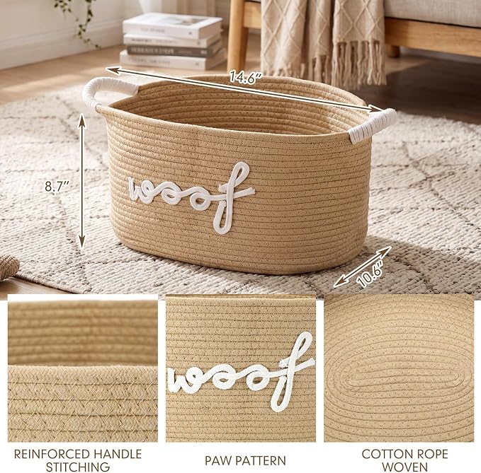 Dog Toy Storage Basket with Handles, 14.6 x 10.6 x 8.7 Inch Cotton Rope Dog Toy Storage Bin Woven Pet Organizer Shelf Basket for Pet Chew Toys, Foods