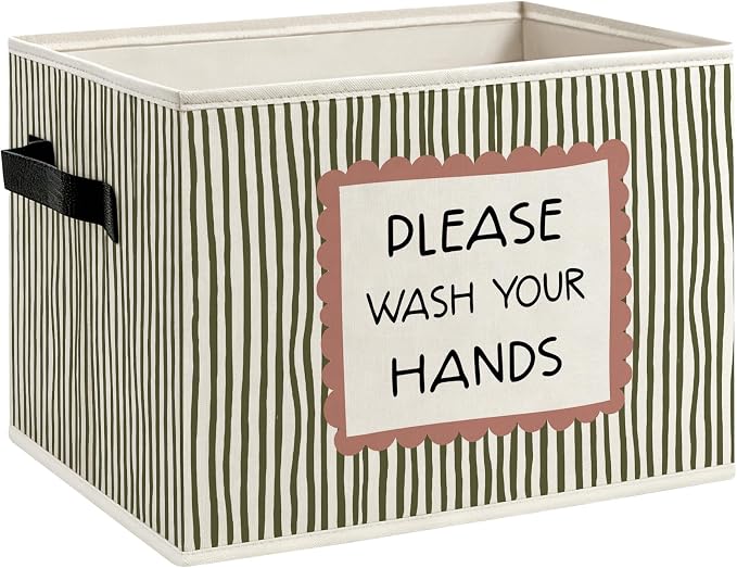 Please Wash Your Hands Bathroom Foldable Storage Bins Box with Handles, Boho Neutral Striped Decorative Storage Boxes Baskets Organizer for Washroom Guest Bathroom