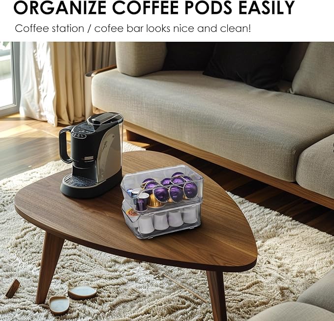 Clear Coffee Pod Holder for Counter, Transparent Coffee Pod Drawer for K Cups, Coffee Pod Storage Organizer Compatible with Nespresso Vertuo 76 Large or 104 Small Pods & Keurig Pods, 4 Tiers