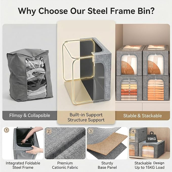GoMaihe Blanket Storage Bins with Metal Frame for Closet, 55L 4-Pack Grey | Clothing Comforters Bedding Winter Coat, Closet Top Shelf, Collapse-Proof Stackable, Clear Window, Dual Access Space Saving