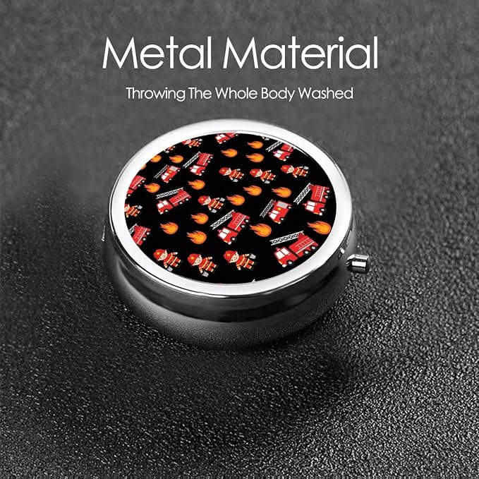 Purse Pill Case, Compact Round Holder for Vitamins, Travel Organizer Pocket Friendly, Moisture Proof Design for Women, Cute Cartoon Firefighter Red Fire Truck