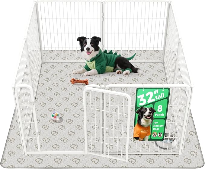 FXW Homeplus Indoor Dog Playpen with Washable Pee Pad, 32" H, 8 Panels | Calm Indoor Play Area, Super Absorbent Pad for Easy Cleanup, for Small & Medium Dogs, Patented