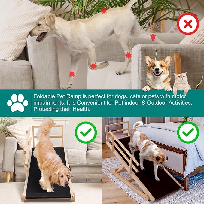 Dog Ramp for Bed & Couch, Foldable Wooden Pet Ramp, 5 Adjustable Heights | Height up to 23.5", Portable Dog Ramp with Non-Slip Rubber Surface & Safety Railings, Pet Ramp for Small, Large, Senior Dogs