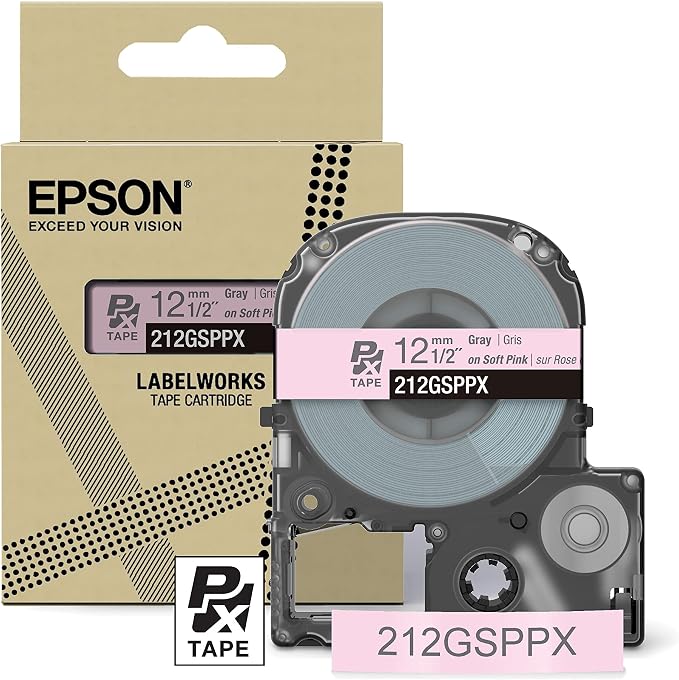 Epson LABELWORKS 212GSPPX Label Tape - Gray on Soft Pink - 1/2" (12mm) | Genuine Epson designer craft PET tape for LW-C410PX & C610PX, decorative finish for crafts & decor