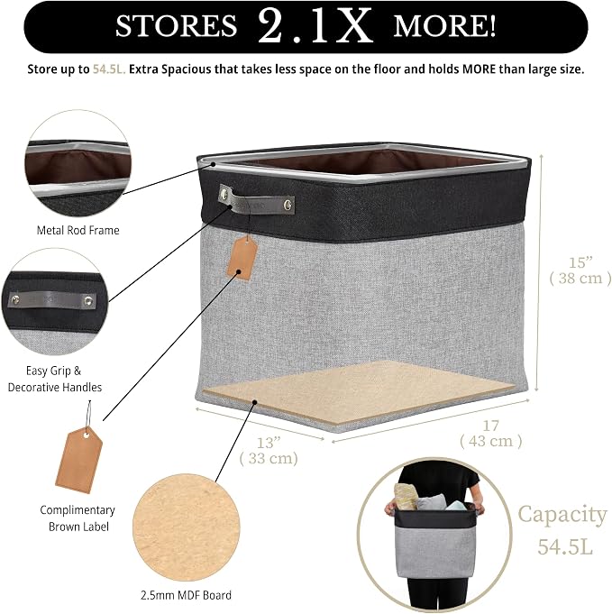 DECOMOMO Extra Large Storage Baskets, 54.5L Fabric Storage Bins 3 Pack | XXXL Storage Baskets for Shelves, Linen Closet Organizers (Grey & Black, 17" x 13" x 15")