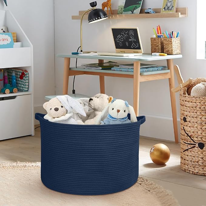 Dark Blue Basket for Organizing, 22" x 14" Extra Large Woven Cotton Rope Laundry Basket, Blanket Storage for Living Room Bedroom, Big Nursery Kids Toy Box Organizer, Pool Towel Storage Bin