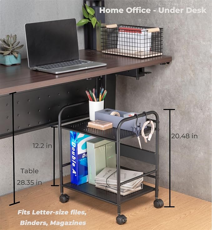 2-Tier Metal Rolling Cart, Compact Under Desk Storage Organizer | 12.2" clearance fits binders and tall bottles, compact mobile shelf with anti-drop guard for home or office. Black.