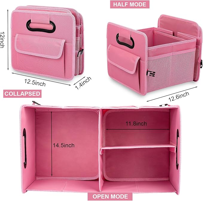Car Trunk Organizer, Collapsible Car Organizers and Storage Large Pink | Sturdy, Strong Capacity, Clean Decor, Multi Compartment Container Box, Adjustable Car Accessories for SUV Sedan Truck
