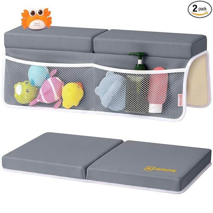 Bath Kneeler and Elbow Rest Pad Set, 1.5” Thick Bathtub Kneeling Mat | Cozy Memory Foam, Non-Slip 6 Suction Cups and 4 Toys Organizer Pockets, Quick-Dry Bath Kneeling Pad for Babies Toddlers
