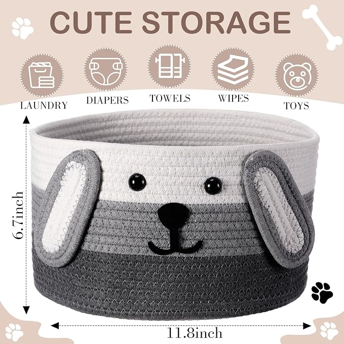 Zopeal Dog Woven Basket, 11.8" D x 6.7" H Cotton Rope Toy Storage Organizer, Dog Mom Gift Empty, Cute Laundry Puppy Gift Animal Basket for Clothes, Towels, Toy, Laundry, Bathroom, Home(White, Gray)