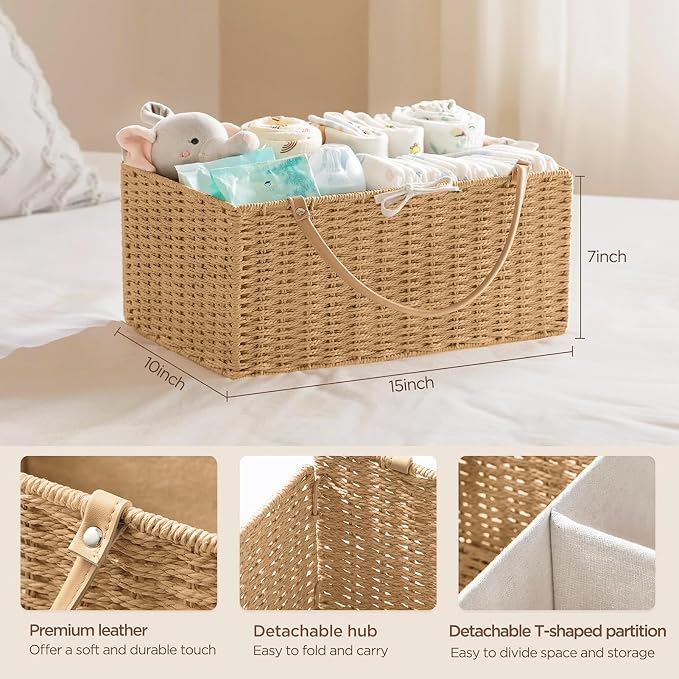 HBlife Large Baby Diaper Caddy Organizer, Paper Rope Storage Baskets Nursery Bin with Removable Divider, Portable Car Organizer for Diapers, Baby Shower Gifts, Newborn Essentials Must Haves
