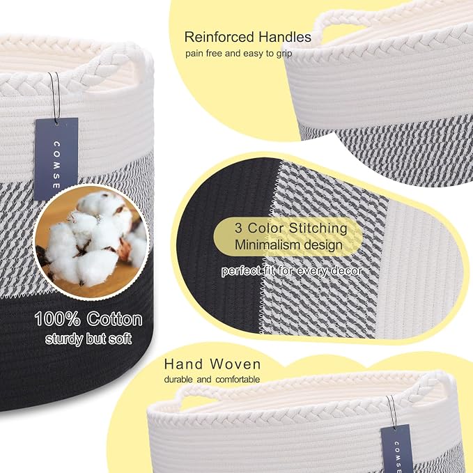 COMSE XXXLarge Woven Blanket & Laundry Basket, 87L, White &Gray &Black | 21.7"x 13.8", Cotton Rope, Nursery Hamper for Storage of Toys, Clothes & Towels, Ideal for Living Rooms, Bedrooms & Bathrooms