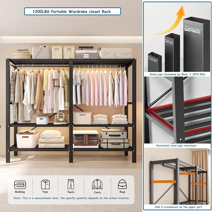 66in Heavy Duty Portable Closet with Black Cover | Foldable Covered Clothes Rack for Hanging Armoire Wardrobe Closet System Freestanding Coat Storage Garment Racks