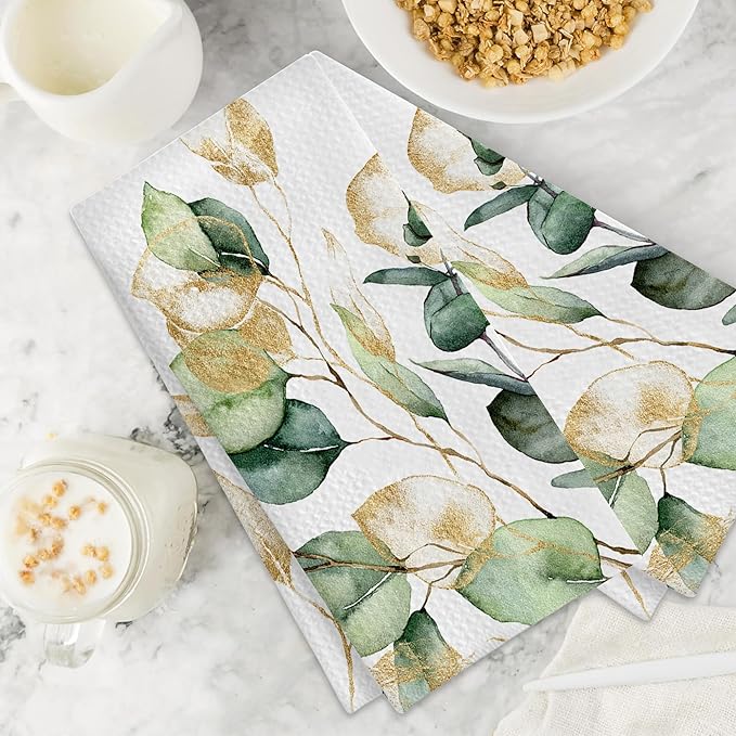 Watercolor Gold Eucalyptus Sage Hand Towels,Set of 2 Absorbent Bath Towel Kitchen Dish Towel Home Gym Hotel Bathroom Decor,16x24 Inches