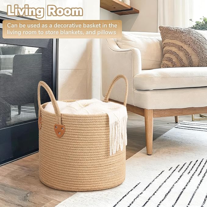 CHICVITA Jute Wicker Storage Basket with Leather Handles, 14" x 12"，Jute | Natural Woven Basket, Baby Hamper for Nursery Living Room & Bedroom Organization, Holds Blankets, Towels, Toys & Shoes