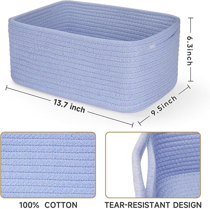 3 Pack Storage Baskets for Organizing, 13.7×9.5×6.3", Sky Blue | Woven Baskets for Shelves, Cotton Rope Basket for Gifts Empty, Closet Organizer Bins with Handles, Cube Decorative Box