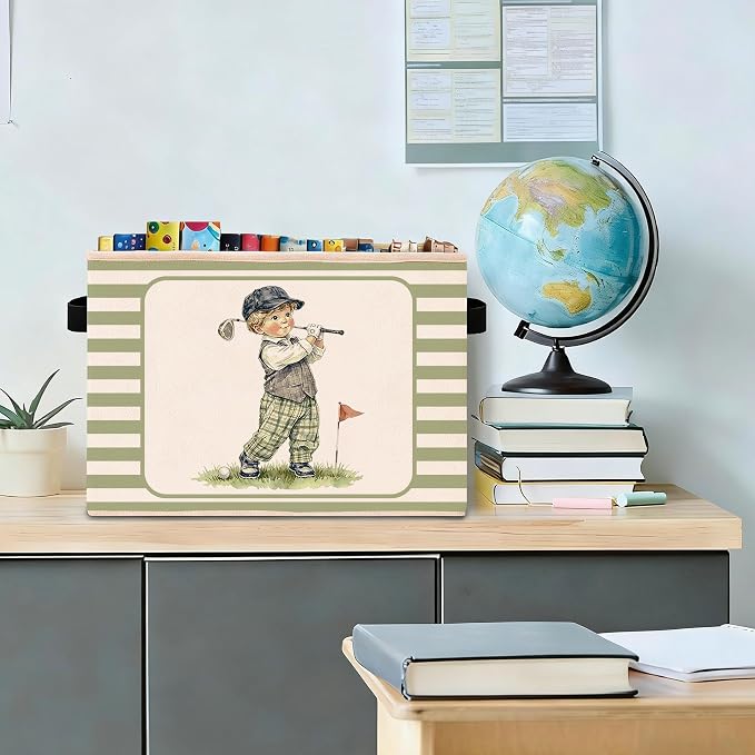 Golf Boy Storage Bin, Foldable Fabric Basket for Bedroom Nursery | Foldable fabric storage bin with little golfer design for toys, books, clothes, nursery, bedroom, and playroom organization.