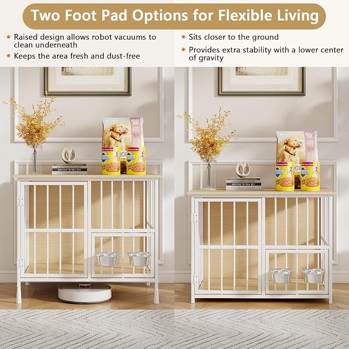 Hadulcet 27'' Foldable Dog Crate Furniture, Small Dog Kennel with 2 Bowls | Wooden Crate Table with Storage Top, Furniture Style Indoor Kennel for Small to Medium Dogs with Rotating Food Door, Oak