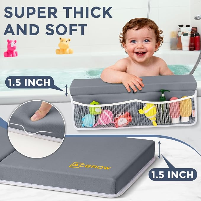 Bath Kneeler and Elbow Rest Pad Set, 1.5” Thick Bathtub Kneeling Mat | Cozy Memory Foam, Non-Slip 6 Suction Cups and 4 Toys Organizer Pockets, Quick-Dry Bath Kneeling Pad for Babies Toddlers