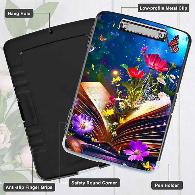 Book Flower A4 Clipboard with Storage Pen Holder, Clipboards Organizer Nursing Clipboard Foldable File Folder Plastic Clipboard Folio Clip Board for Office Students Classroom Doctor